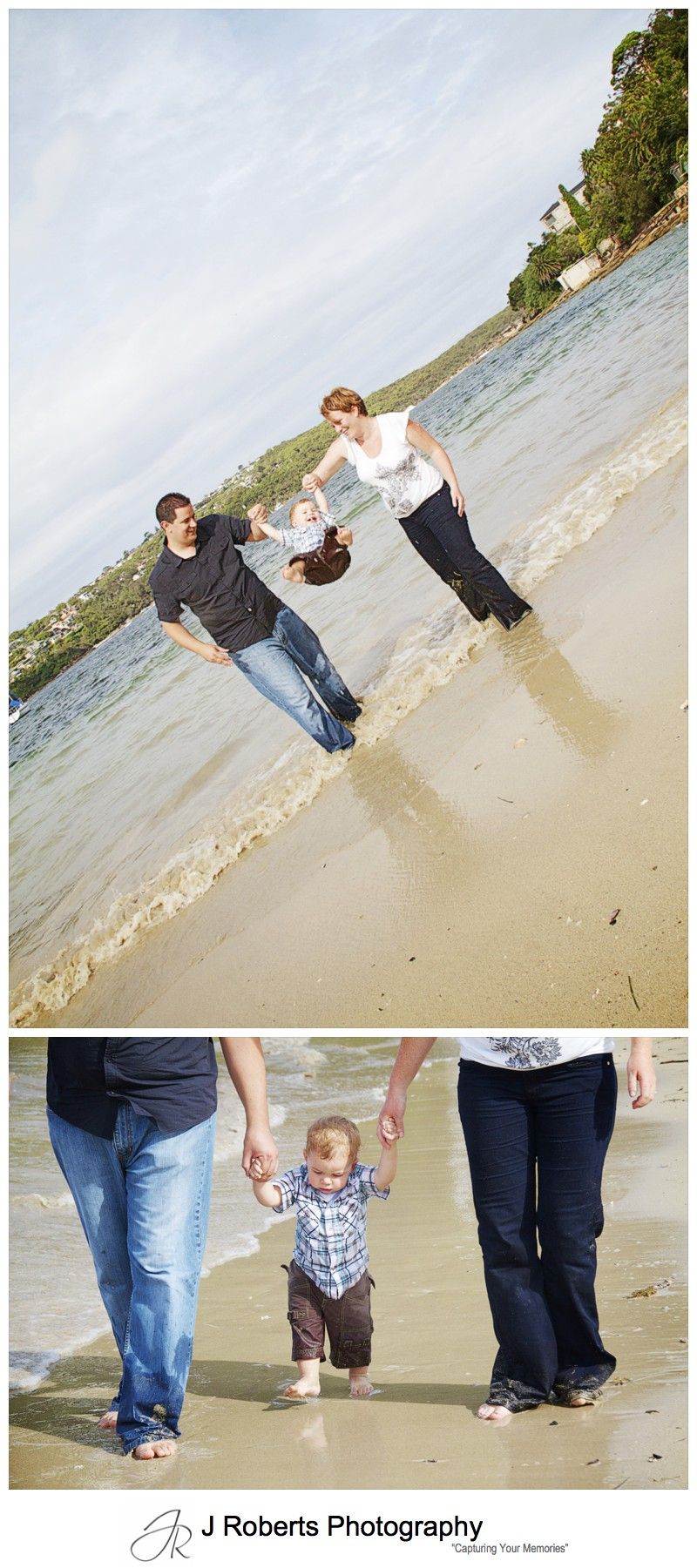 Little boy being swung by his parents at the beach - family portrait photography sydney